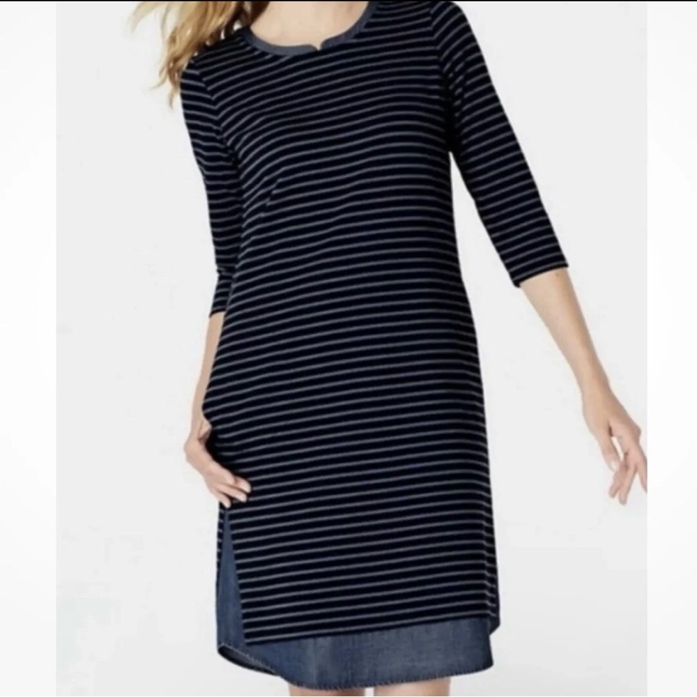 J Jill Chambray Trim Striped 3/4 Sleeve Knit Dress Navy Blue Size L